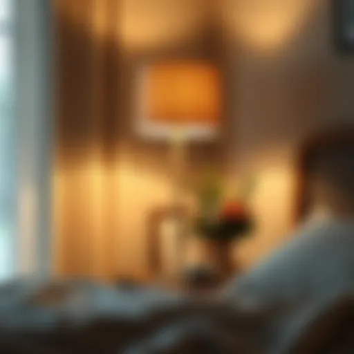 Modern Minimalist Lamp in a Cozy Setting Modern minimalist lamp illuminating a cozy bedroom corner