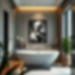 Stylish black framed artwork enhancing a modern bathroom setting