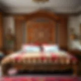A beautifully crafted bohemian bedframe showcasing intricate woodwork and vibrant fabrics
