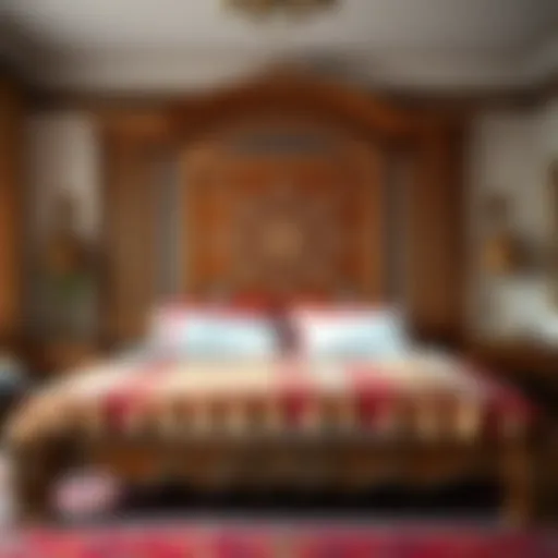 A beautifully crafted bohemian bedframe showcasing intricate woodwork and vibrant fabrics
