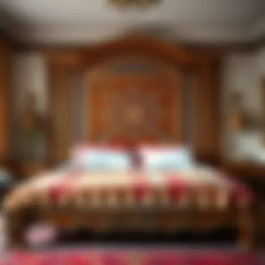 Intricate Woodwork on Bohemian Bedframe A beautifully crafted bohemian bedframe showcasing intricate woodwork and vibrant fabrics