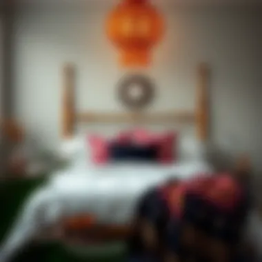 Serene Bedroom with Eclectic Bohemian Bedframe A serene bedroom featuring a bohemian bedframe adorned with eclectic pillows and throws