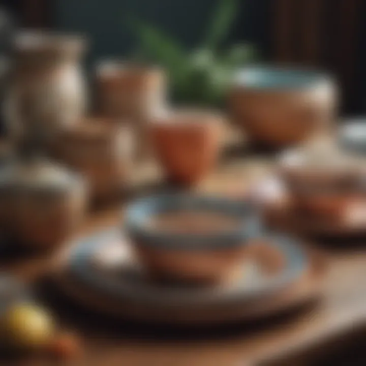 Close-up of boho-inspired tableware and accessories showcasing unique textures.