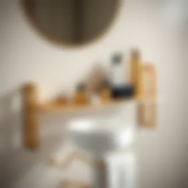 Sleek Brushed Brass Shelf with Accessories Elegant brushed brass shelf displaying bathroom accessories