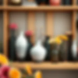 An assortment of elegant bulk flower vases in different shapes and sizes displayed on a wooden shelf