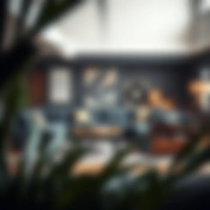 A stylish charcoal gray sectional couch paired with warm wooden furniture