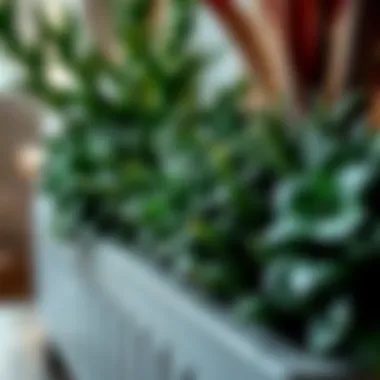 Intricate Detail of Faux Plant Arrangement Close-up of a meticulously arranged faux plant in a planter box, demonstrating intricate details