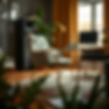 Office chair with gold legs in a cozy home office setting