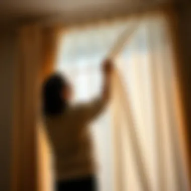 A DIY enthusiast installing curtains with precision