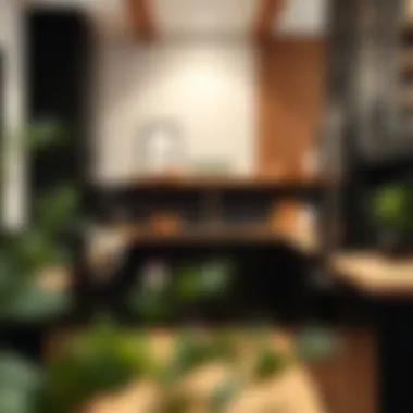 Elegant kitchen featuring black cabinets and wood accents