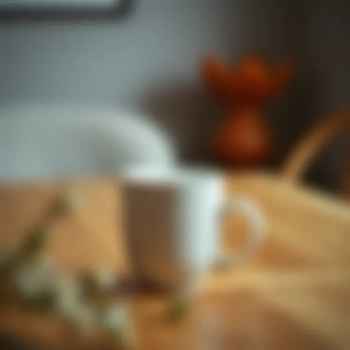 Elegant ceramic milk froth mug elegantly placed on a wooden table