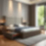 Stylish bed with built-in drawers and an elegant headboard