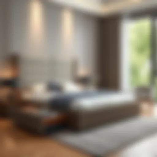 Stylish bed with built-in drawers and an elegant headboard