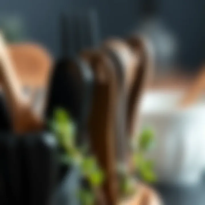 Eco-Friendly Nature of Black Wooden Utensils Close-up of eco-friendly black wooden utensils