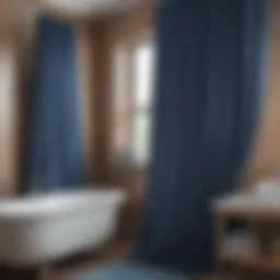 Elegant bathroom featuring a blue shower curtain