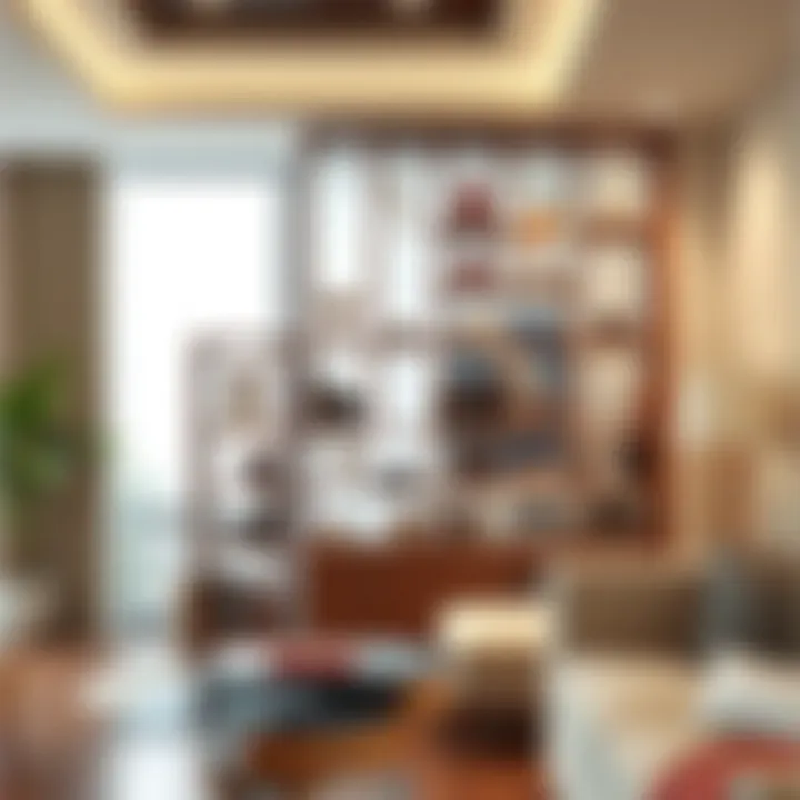 Artistic wooden book shelf partition with vibrant decor