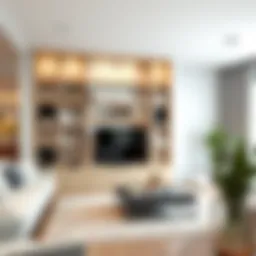 Contemporary book shelf partition in a modern living room setting