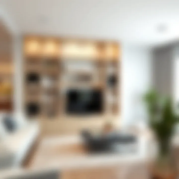 Contemporary book shelf partition in a modern living room setting