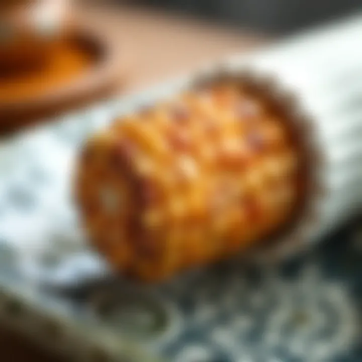 Close-up of intricate patterns on a ceramic corn dish