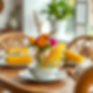 Table setting featuring ceramic corn on the cob dishes with summer decor