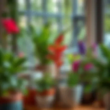 An indoor setup featuring ceramic flower pots with vibrant plants