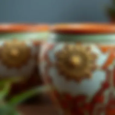 Close-up of the intricate design on a ceramic flower pot