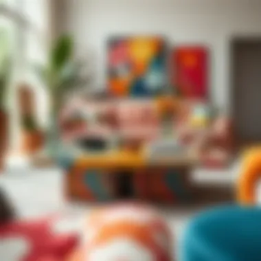 Colorful eclectic coffee table paired with vibrant furnishings