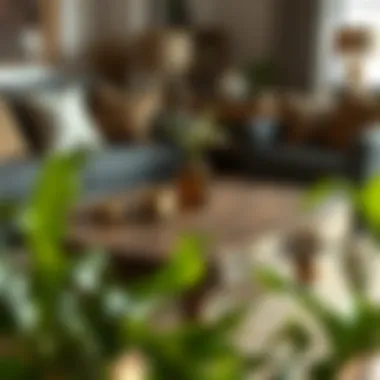 Rustic wooden coffee table surrounded by a cozy seating arrangement