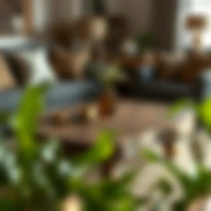 Rustic wooden coffee table surrounded by a cozy seating arrangement