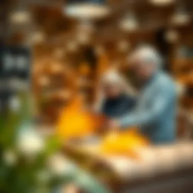 A designer collaborating with a homeowner in a concession furniture store