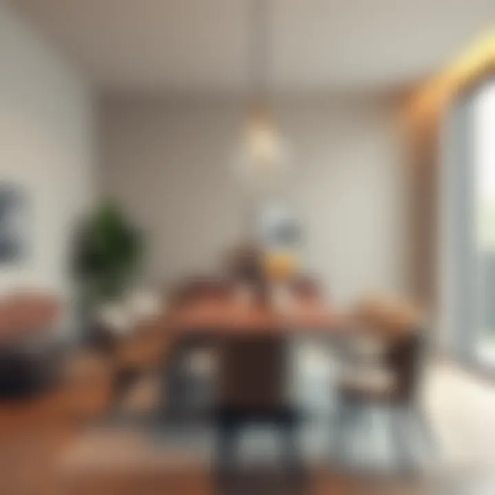 Modern dining space with minimalist decor and artistic lighting