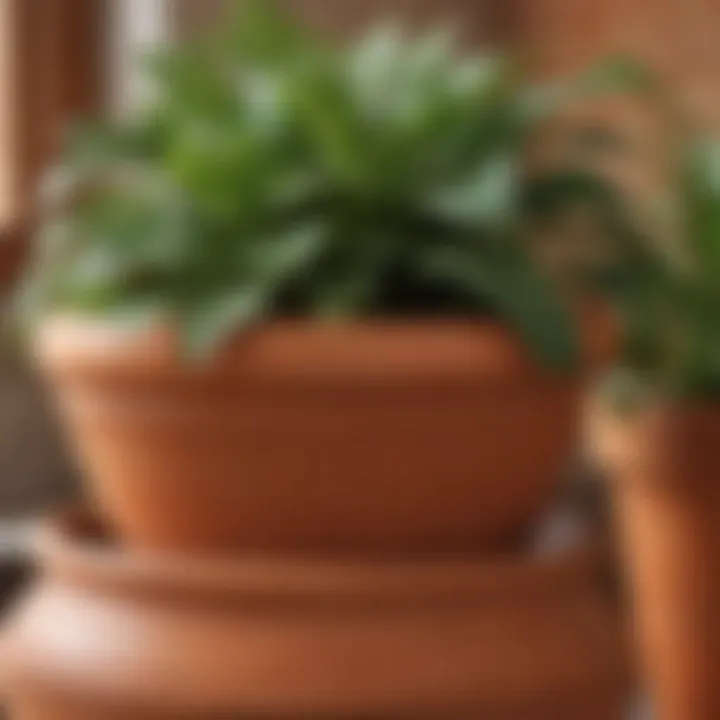 Close-up of a well-cared terracotta pot with vibrant plants