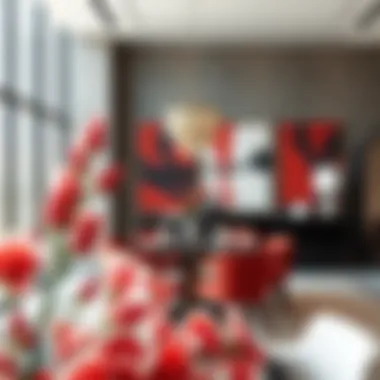 Elegant dining area adorned with red and black wall art