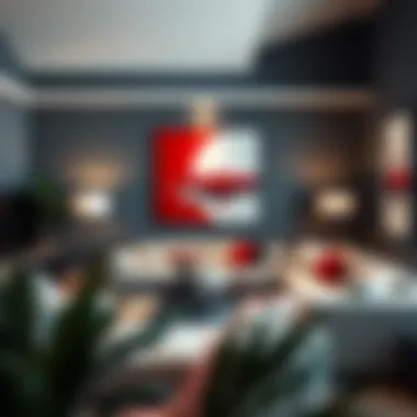 Contemporary living room featuring red, black, and white wall art