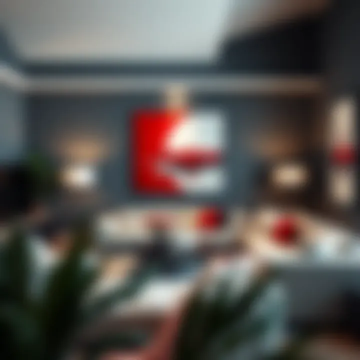 Contemporary living room featuring red, black, and white wall art