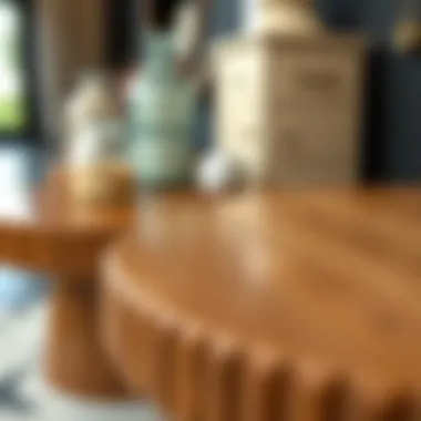 Close-up of materials used in round entryway tables