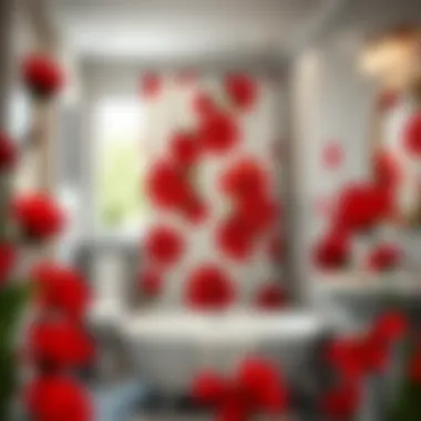 Stylish bathroom featuring red flower shower curtains