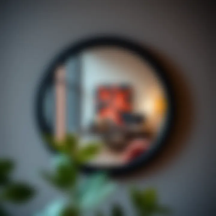 Round Mirror Reflecting Vibrant Interior Round wall mirror with black frame reflecting a vibrant interior space