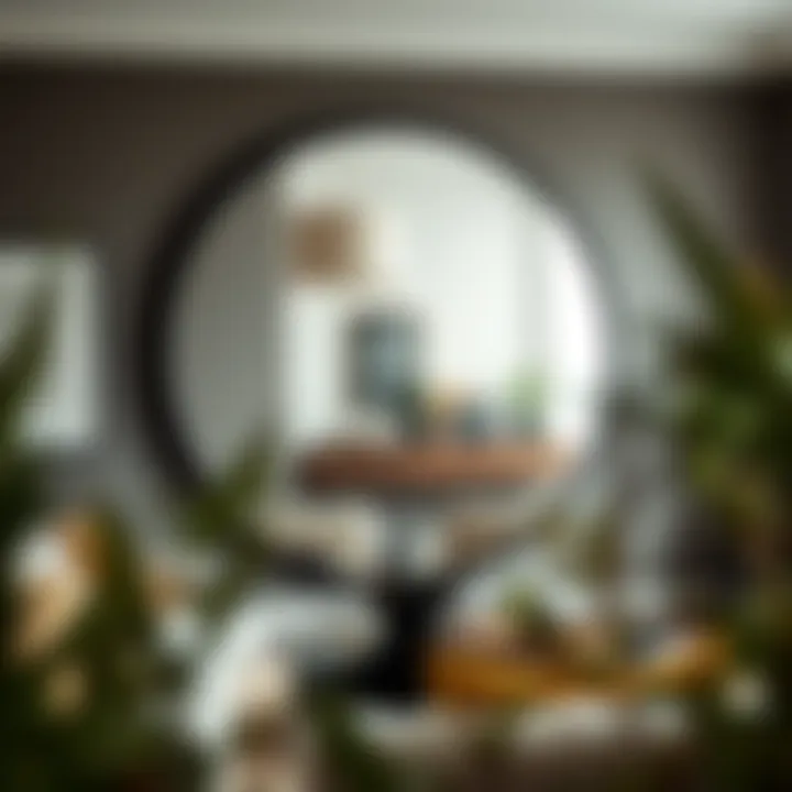 Stylish Round Mirror in Contemporary Living Room Stylish round mirror with black frame showcasing a contemporary living room