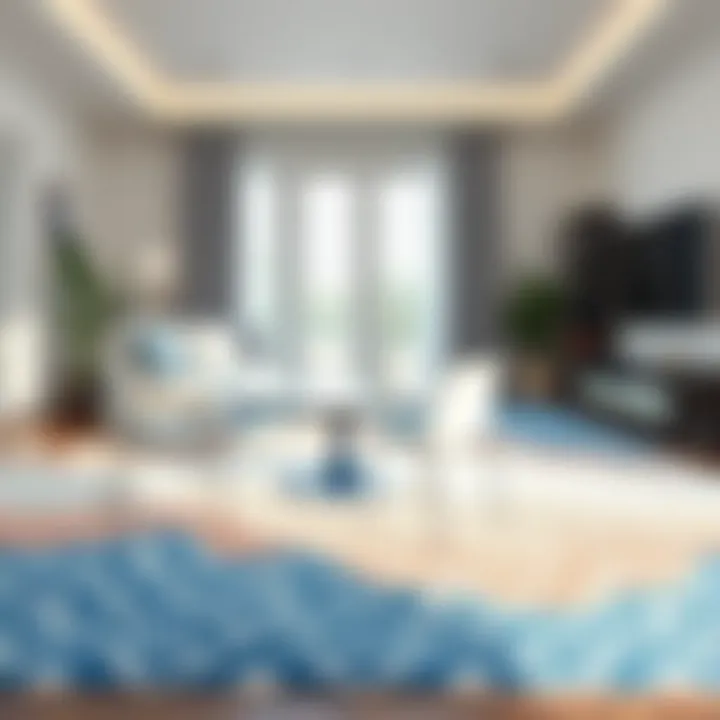 Elegant Blush and Blue Rug in Living Room Elegant blush and blue area rug enhancing a modern living room