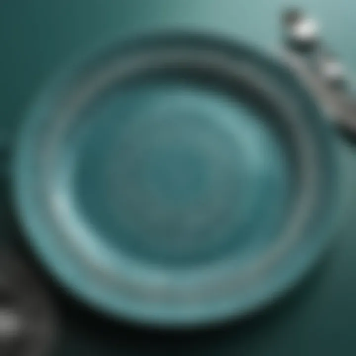 Close-up of intricate design patterns on teal Corelle plates