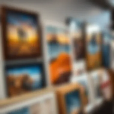 Close-up view of diverse styles of 16x20 unframed art prints on display