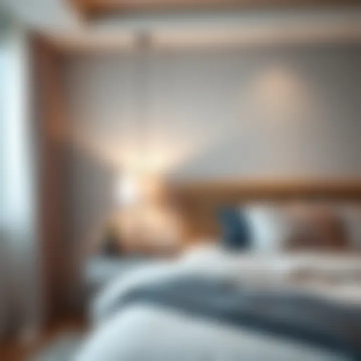 Modern bedroom featuring a small bedside lamp that harmonizes with the decor