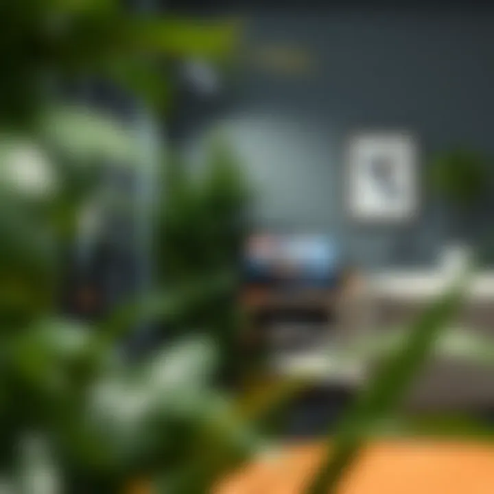 Stylish Office Corner with Faux Foliage A stylish office corner adorned with artificial plants