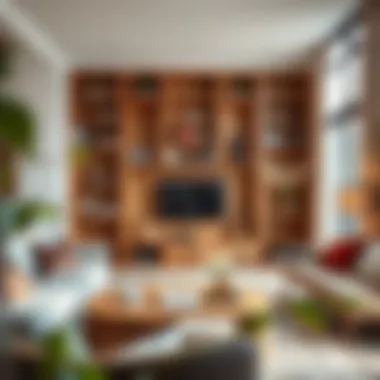 Stylish wooden modular bookshelf in a cozy living room