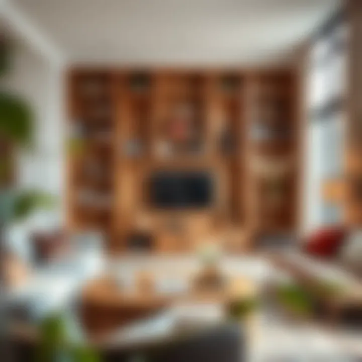 Stylish wooden modular bookshelf in a cozy living room