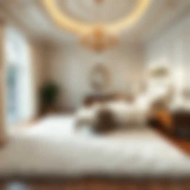 Elegant bedroom featuring a big white rug