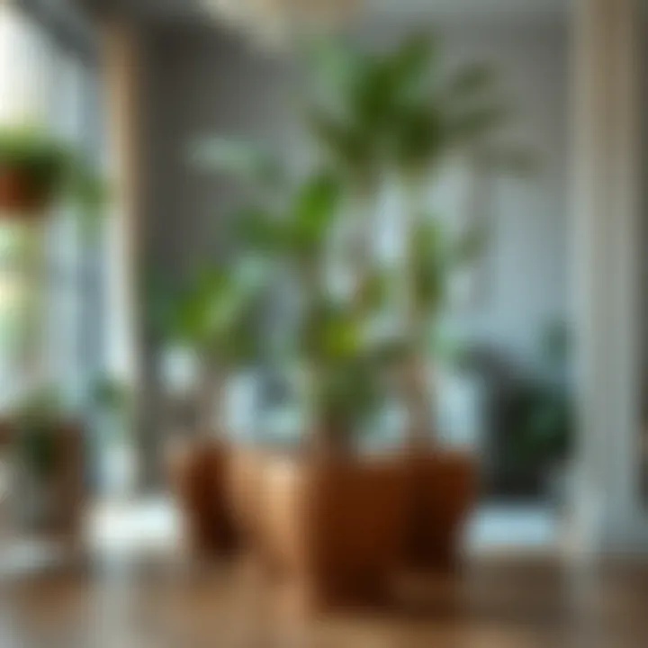 Beautifully arranged indoor space featuring three-foot flower pots as focal decor