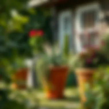 Outdoor garden setting with diverse plants in three-foot flower pots