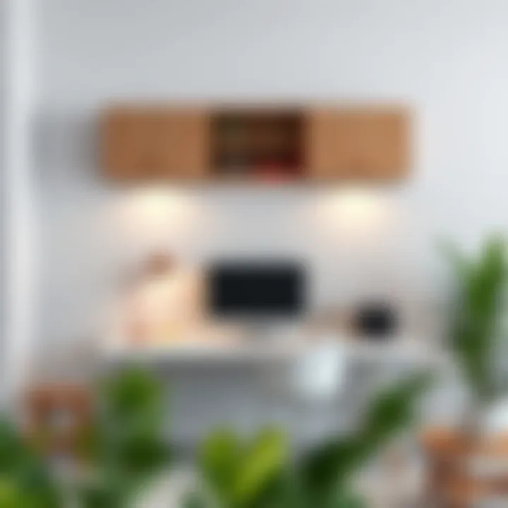 Minimalist Desk with Overhead Cabinets A minimalist desk integrated with overhead cabinets, illustrating effective space utilization in modern living environments.